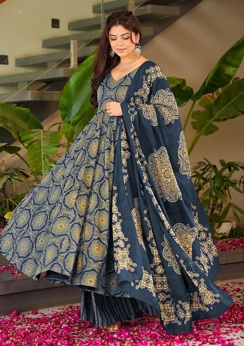 Teal Printed Silk Anarkali Set - Indya