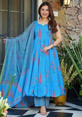Blue Abstract Print Silk Kurta Set