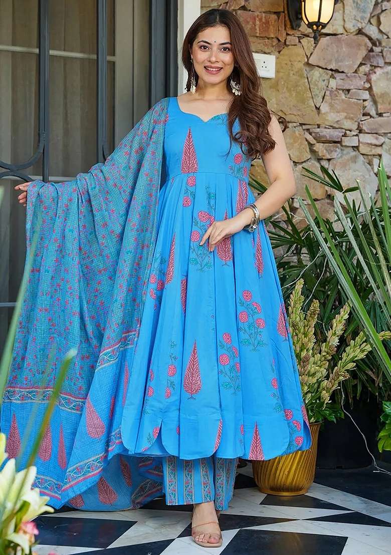 Blue Printed Silk Anarkali Set - Indya