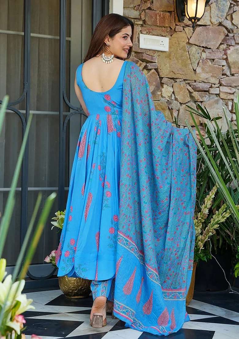 Blue Printed Silk Anarkali Set - Indya