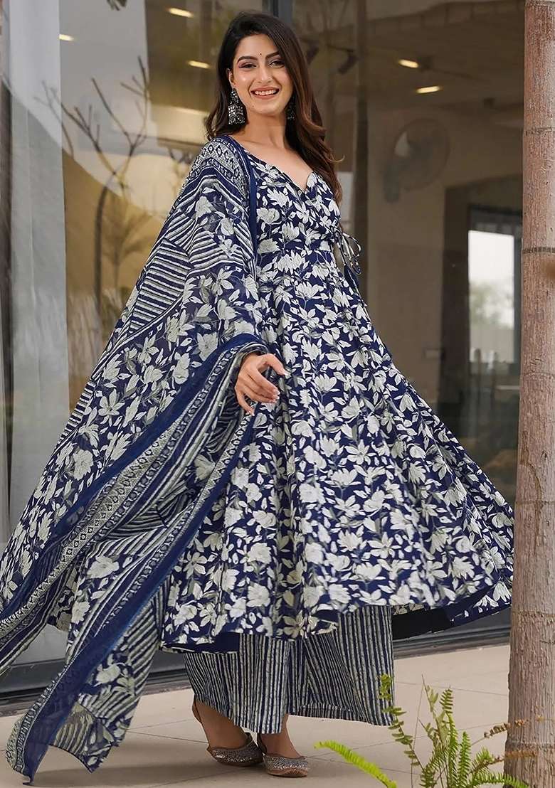 Blue Floral Print Silk Anarkali Set - Indya