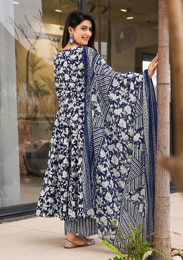 Blue Floral Print Silk Anarkali Set - Indya