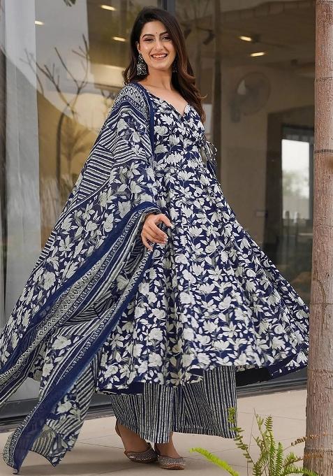 Blue Abstract Print Silk Kurta Set