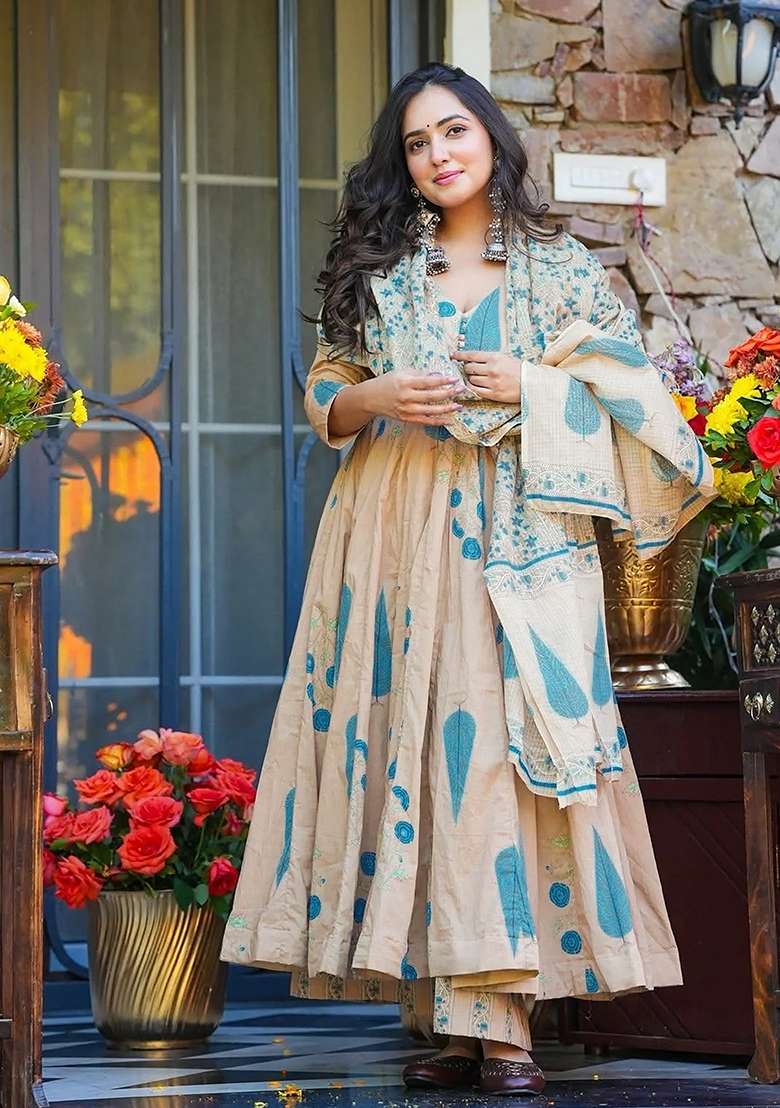Off White Printed Silk Anarkali Set - Indya