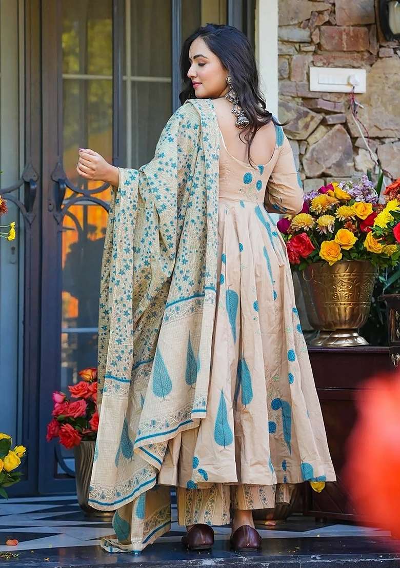 Off White Printed Silk Anarkali Set - Indya