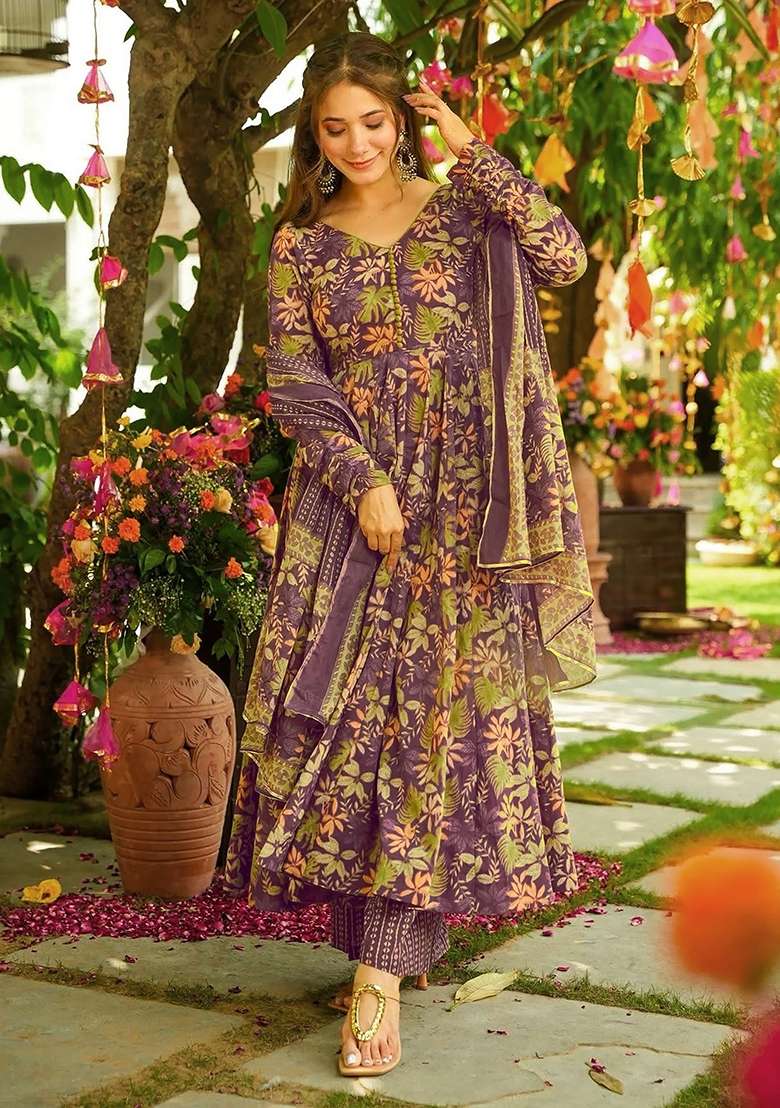 Purple Floral Print Silk Anarkali Set - Indya