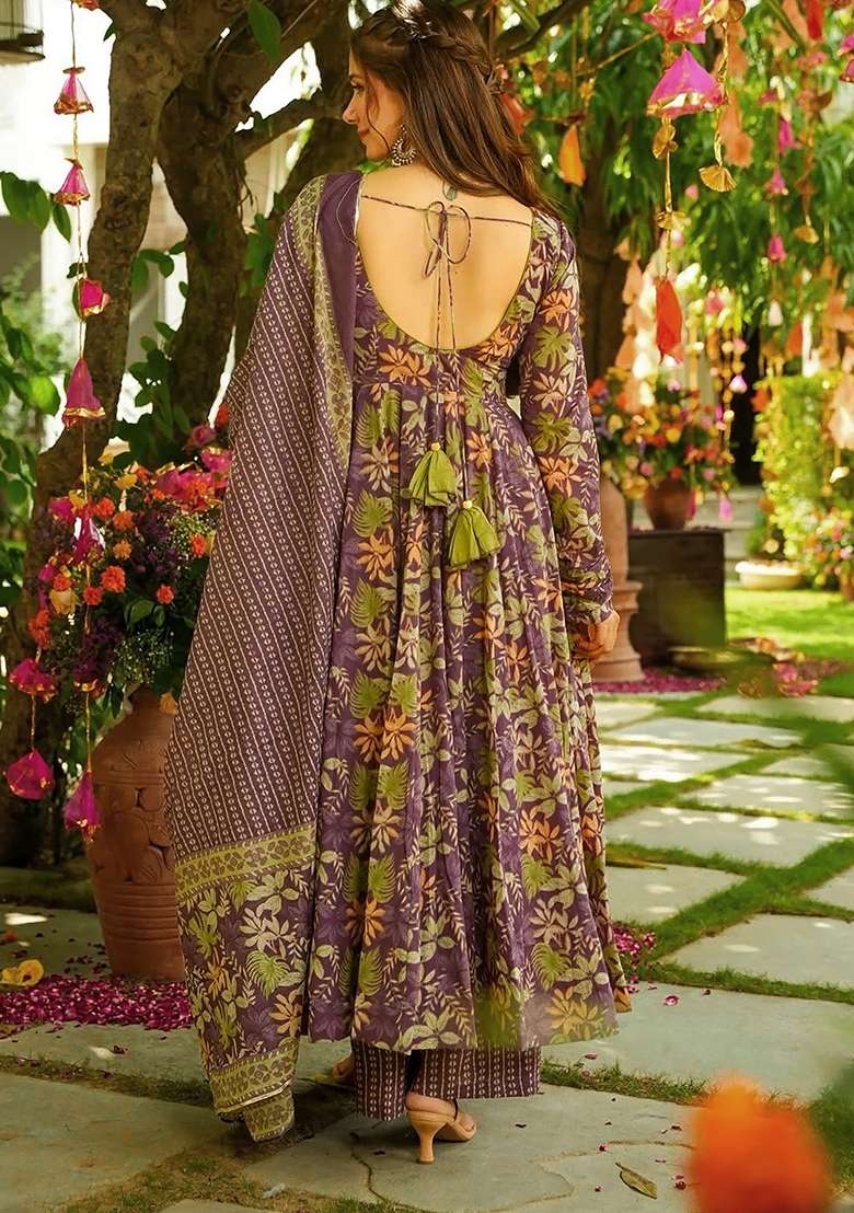 Purple Floral Print Silk Anarkali Set - Indya