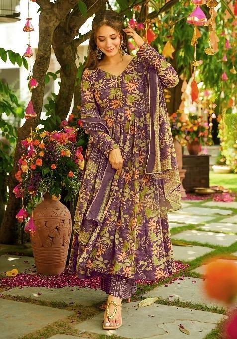 Purple Abstract Print Silk Kurta Set