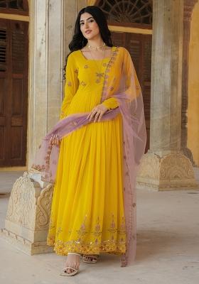 Yellow Embroidery Georgette Gown With Dupatta