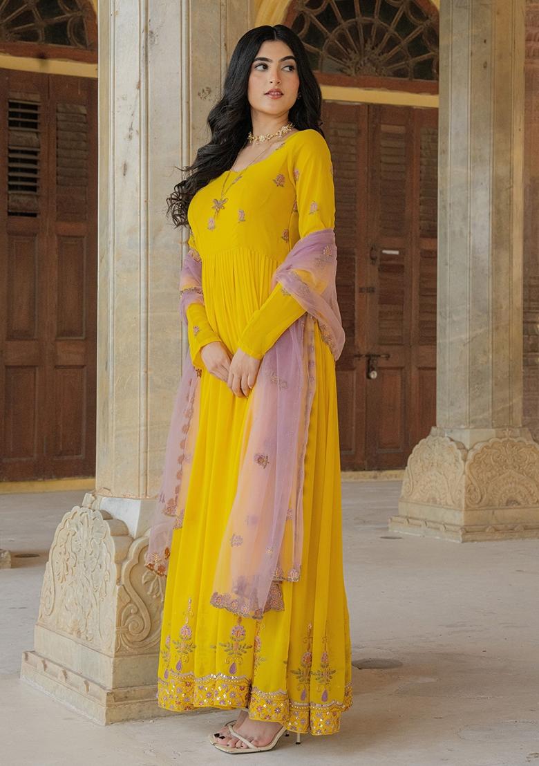Yellow Embroidery Georgette Gown With Dupatta - Indya