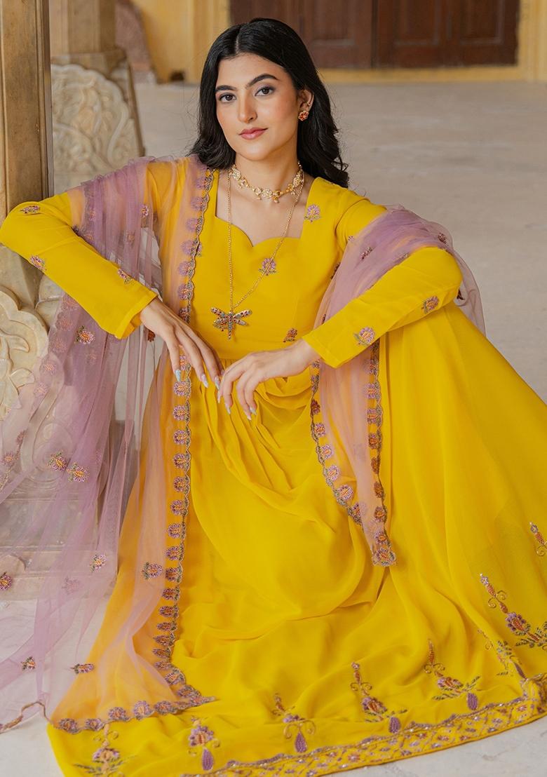Yellow Embroidery Georgette Gown With Dupatta - Indya