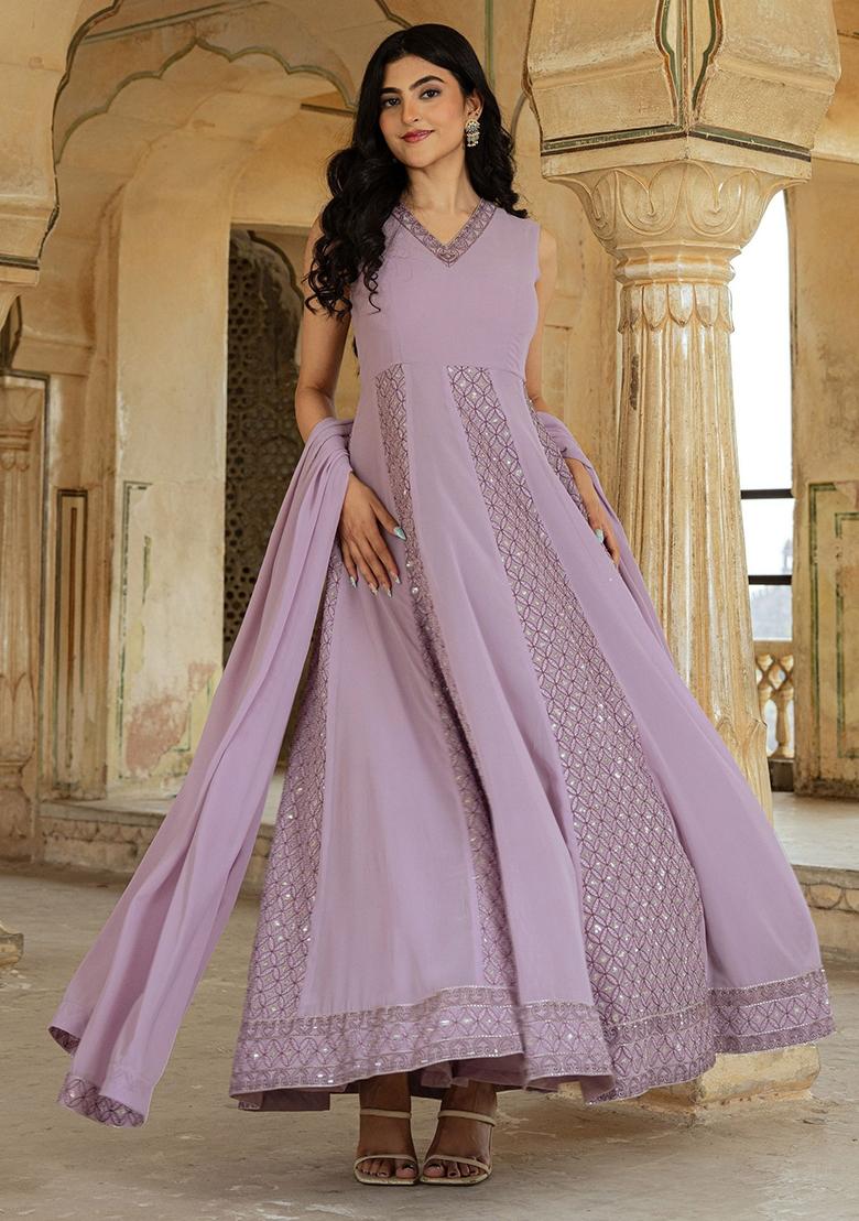 Lilac Embroidery Georgette Gown With Dupatta - Indya