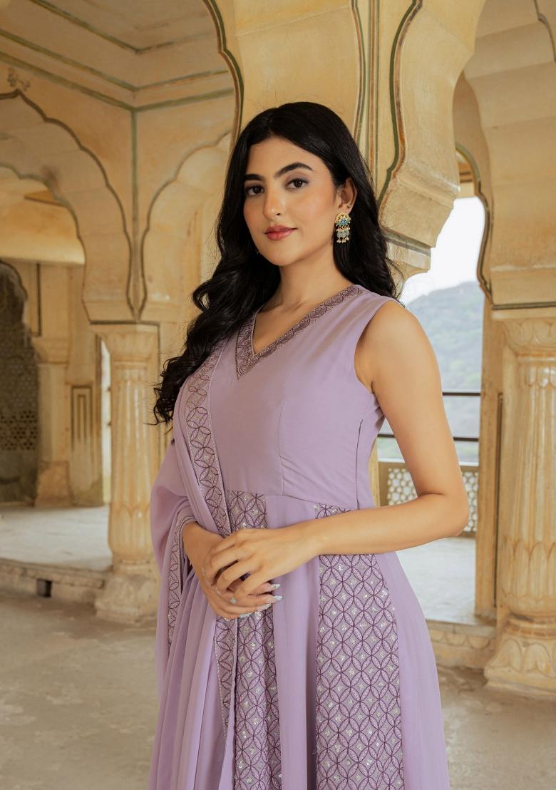 Lilac Embroidery Georgette Gown With Dupatta - Indya