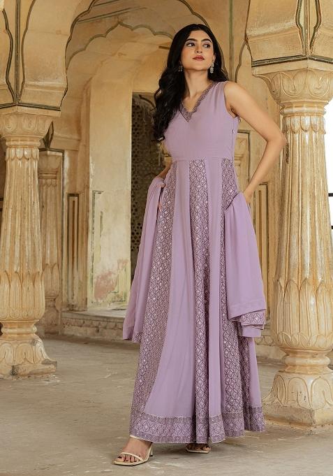 Lilac Embroidery Georgette Gown With Dupatta