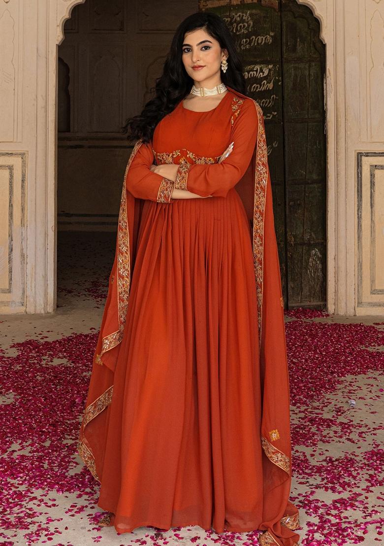 Orange Embroidery Georgette Gown With Dupatta - Indya