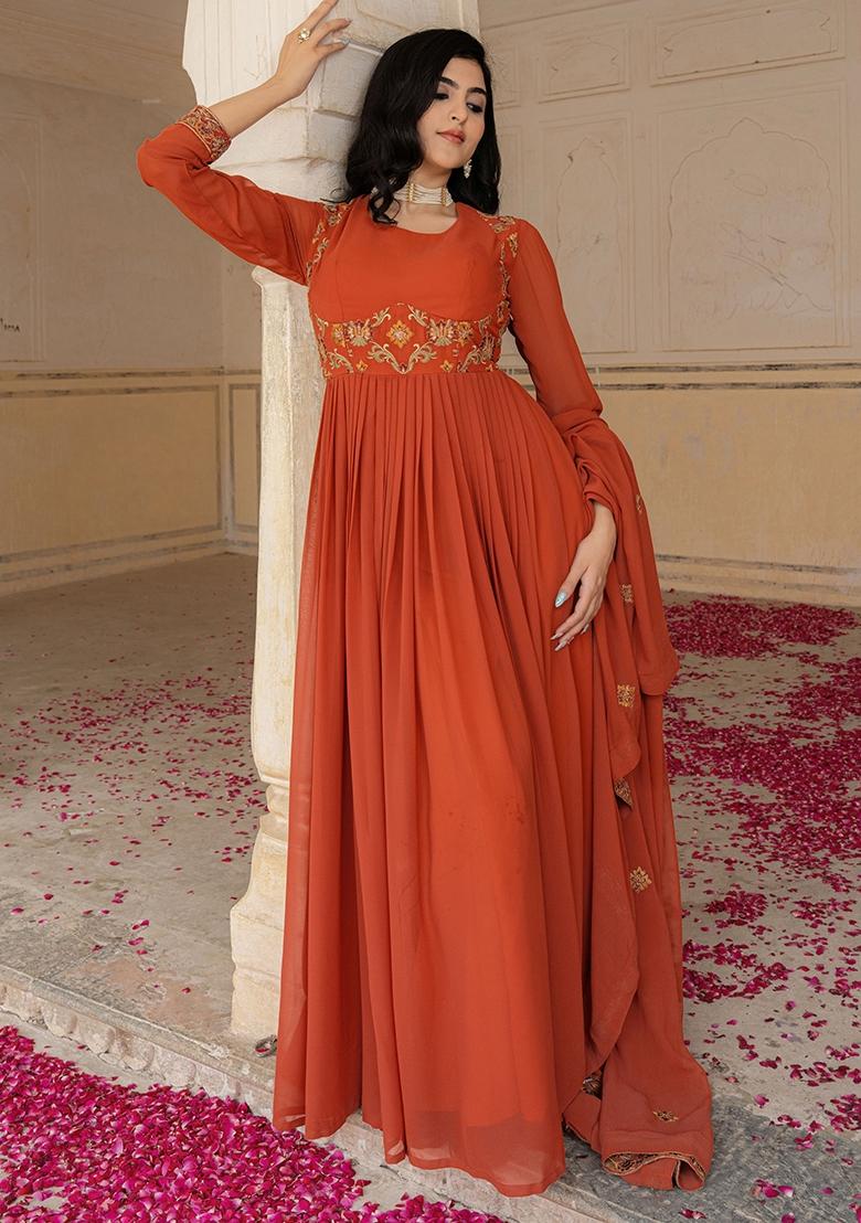 Orange Embroidery Georgette Gown With Dupatta - Indya