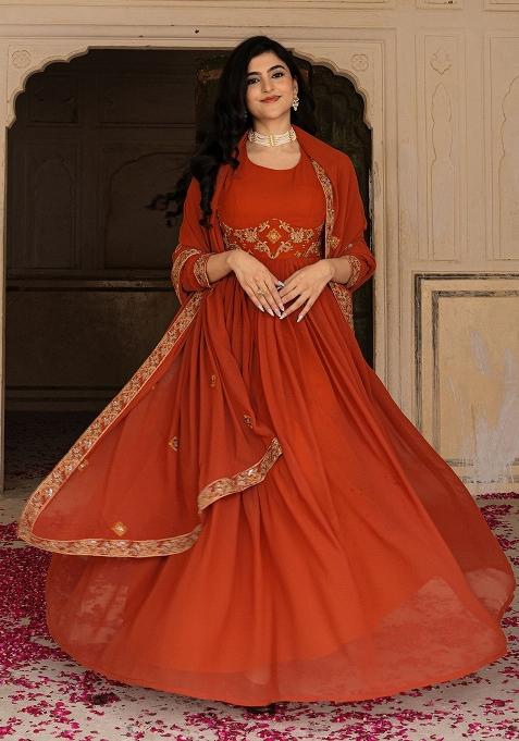Orange Embroidery Georgette Gown With Dupatta