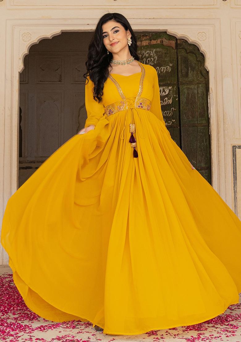 Mustard Embroidery Georgette Gown With Dupatta - Indya