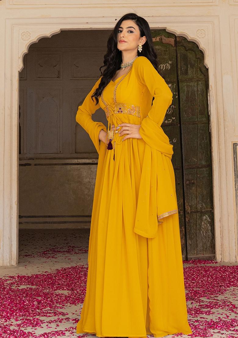 Mustard Embroidery Georgette Gown With Dupatta - Indya