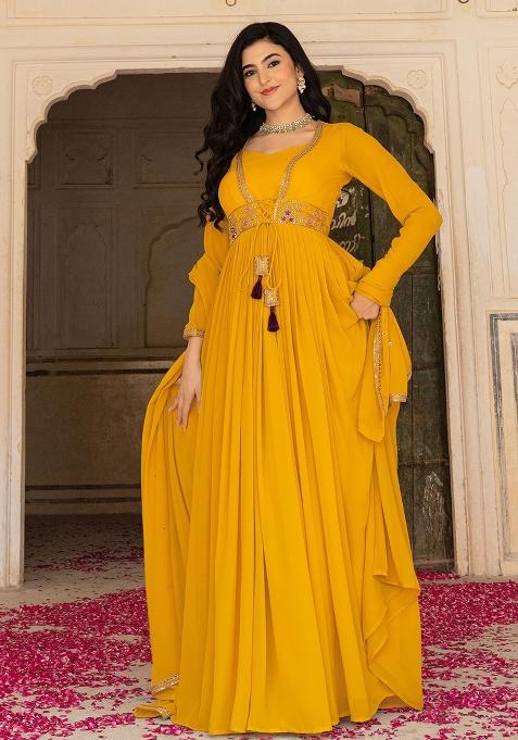 Mustard Embroidery Georgette Gown With Dupatta