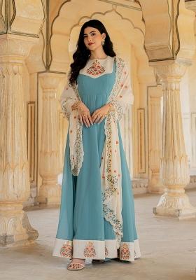 Blue Embroidery Georgette Gown With Dupatta