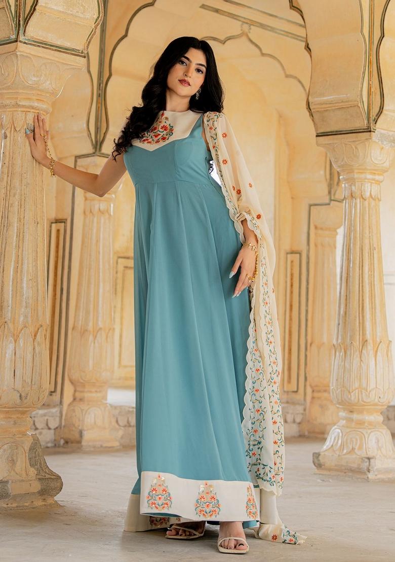 Blue Embroidery Georgette Gown With Dupatta - Indya