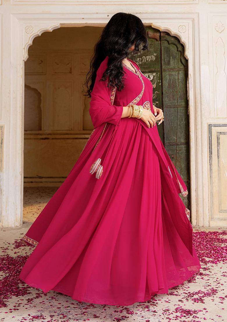 Pink Embroidery Georgette Gown With Dupatta - Indya