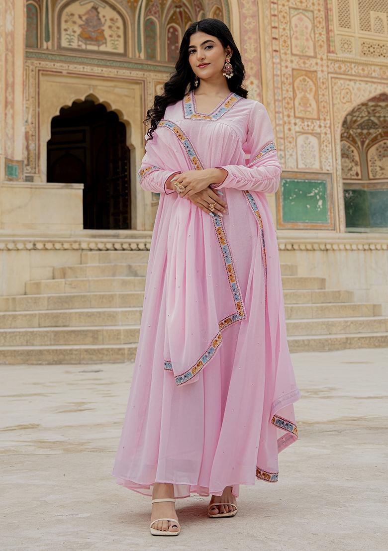 Pink Embroidery Georgette Gown With Dupatta - Indya