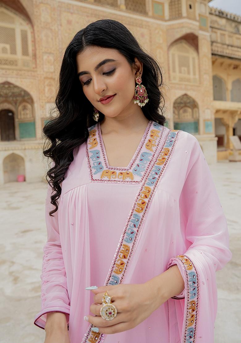 Pink Embroidery Georgette Gown With Dupatta - Indya