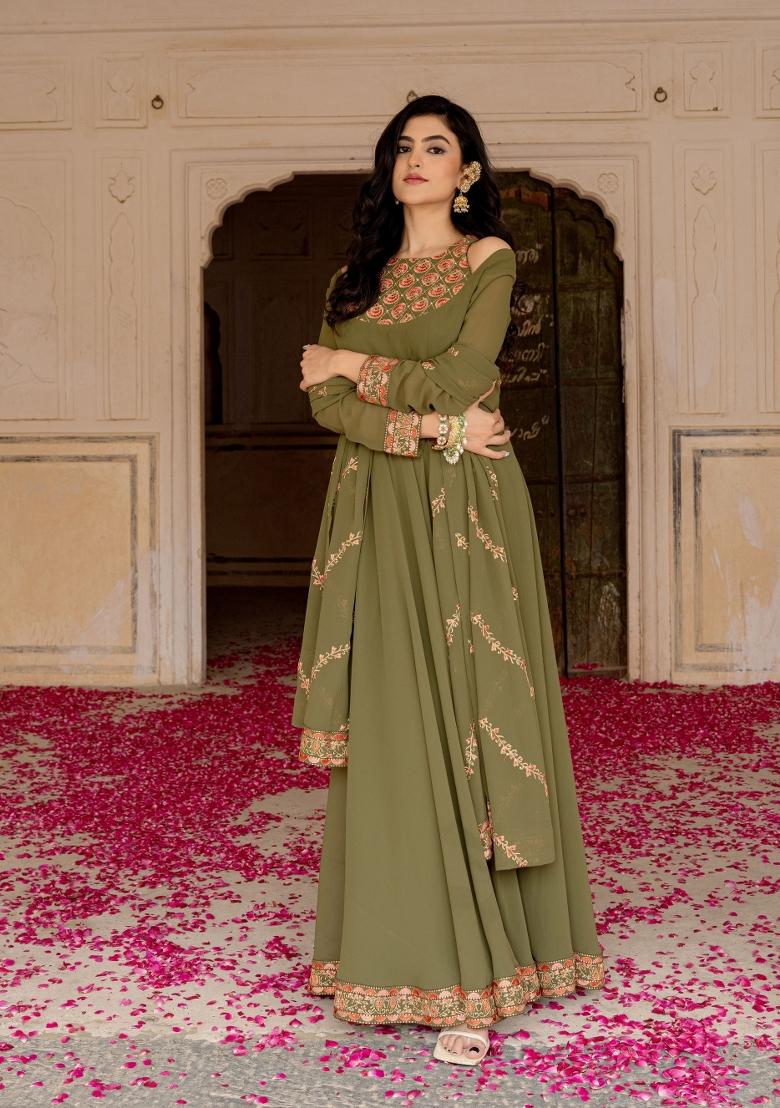 Olive Embroidery Georgette Gown With Dupatta - Indya
