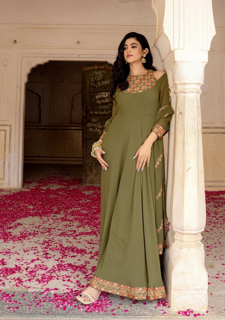 Olive Embroidery Georgette Gown With Dupatta - Indya