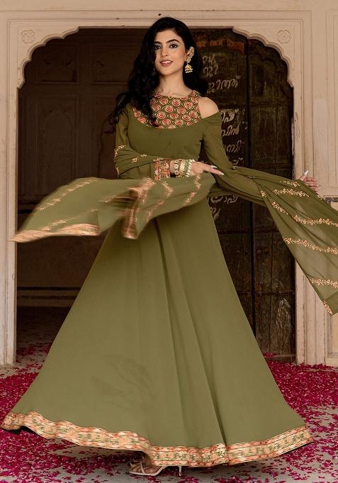 Olive Embroidery Georgette Gown With Dupatta