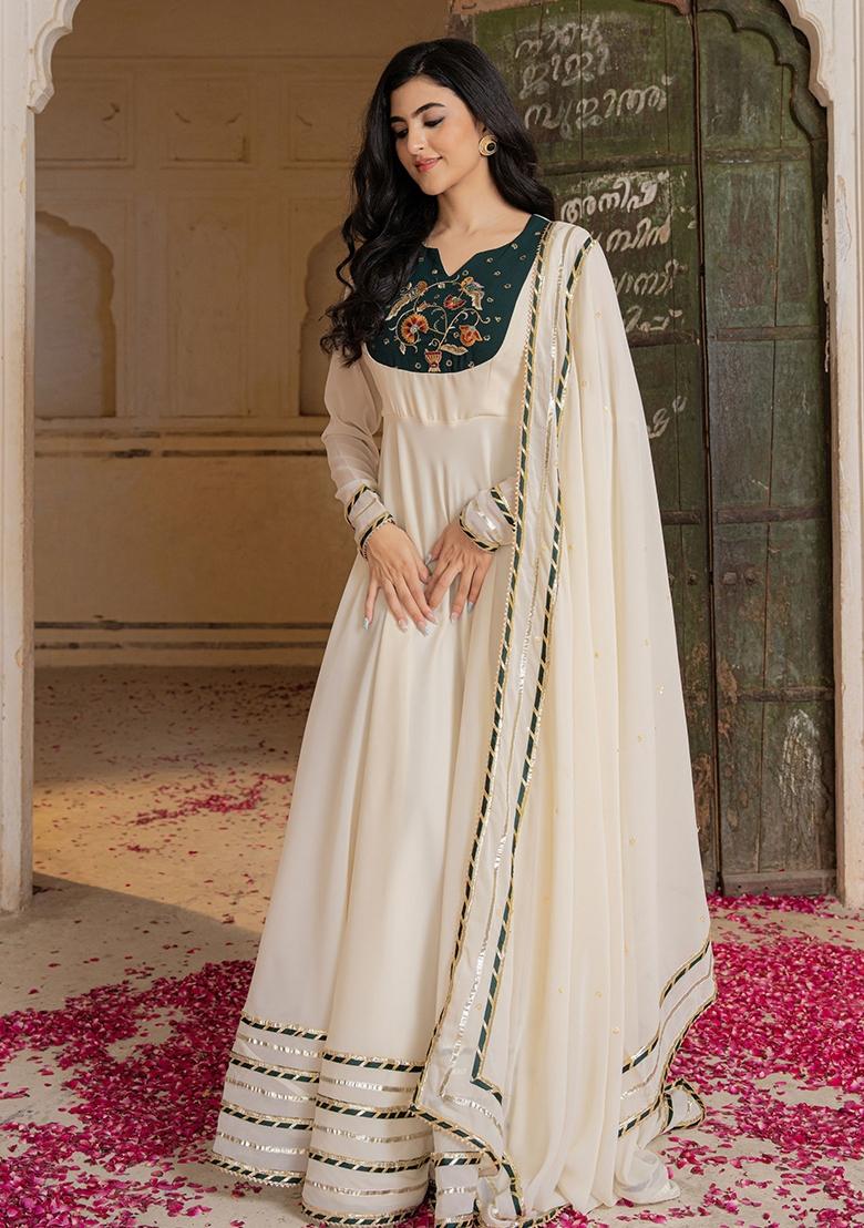 Off White Embroidery Georgette Gown With Dupatta - Indya