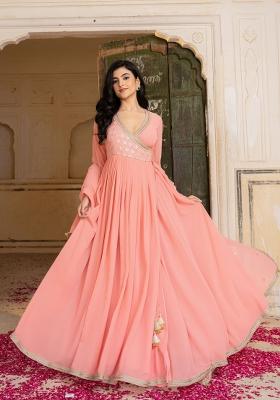 Peach Embroidery Georgette Gown With Dupatta