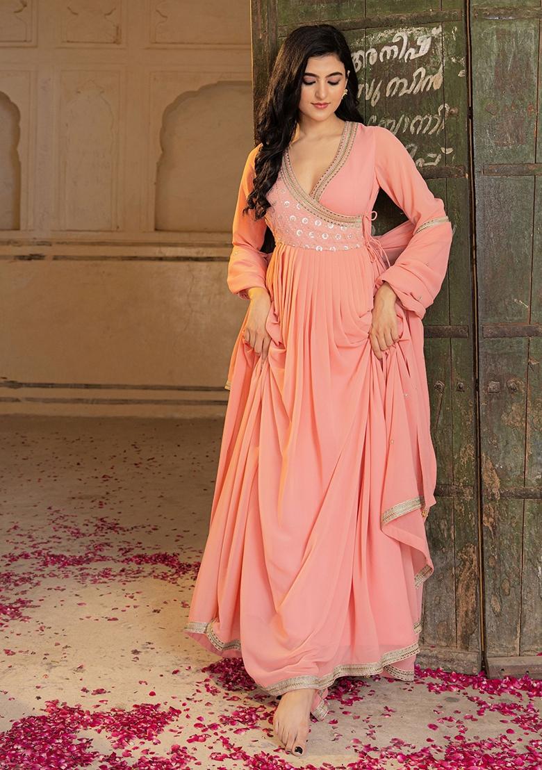 Peach Embroidery Georgette Gown With Dupatta - Indya