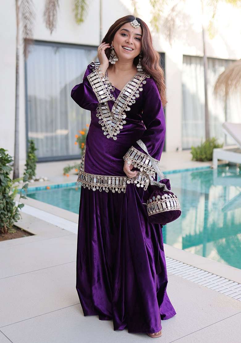 Purple Embellished Velvet Sharara Set - Indya