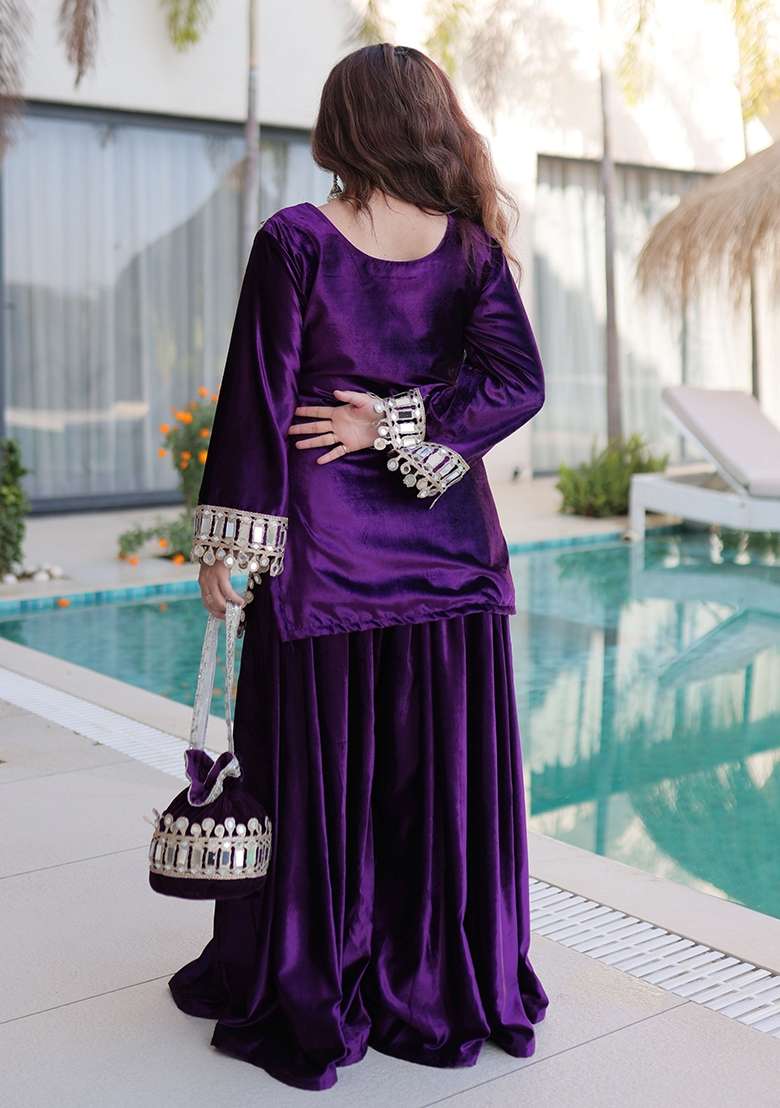 Purple Embellished Velvet Sharara Set - Indya