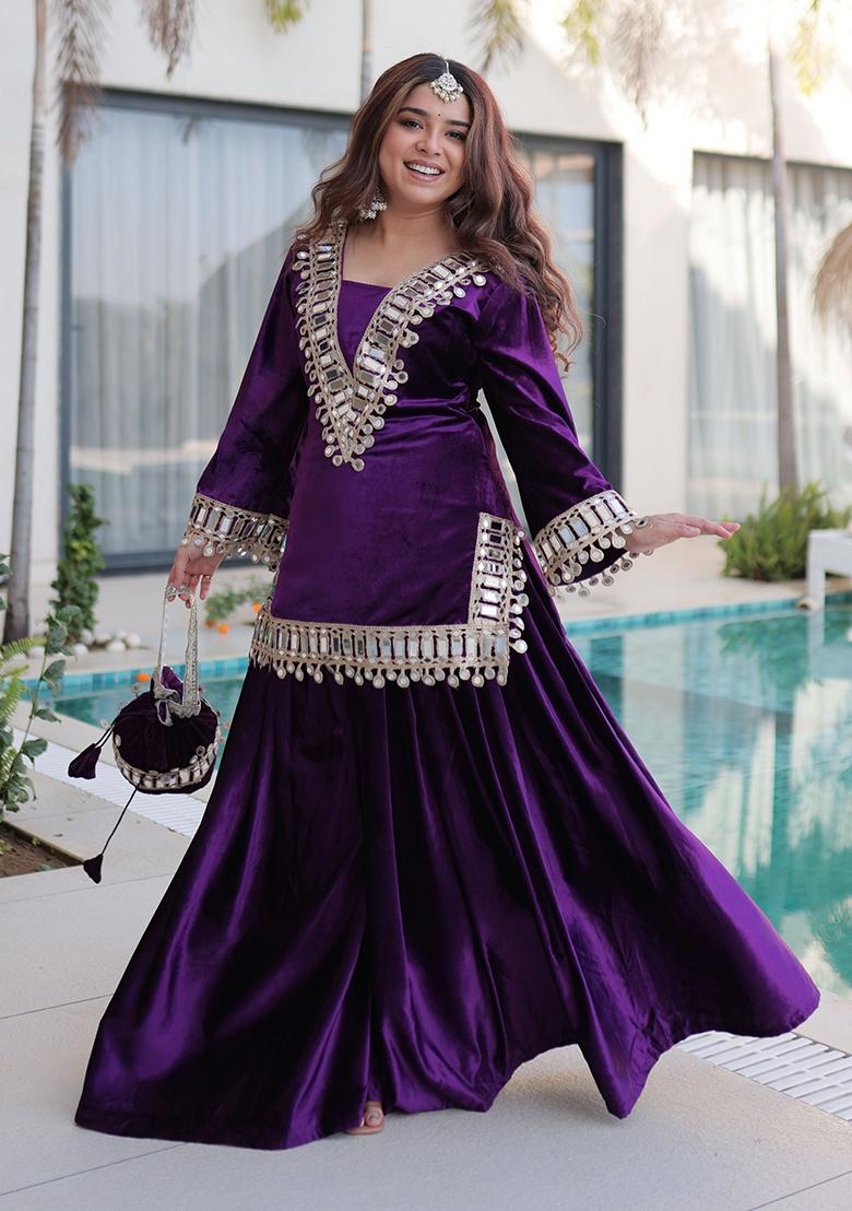Purple Embroidery Velvet Kurta Set - Indya