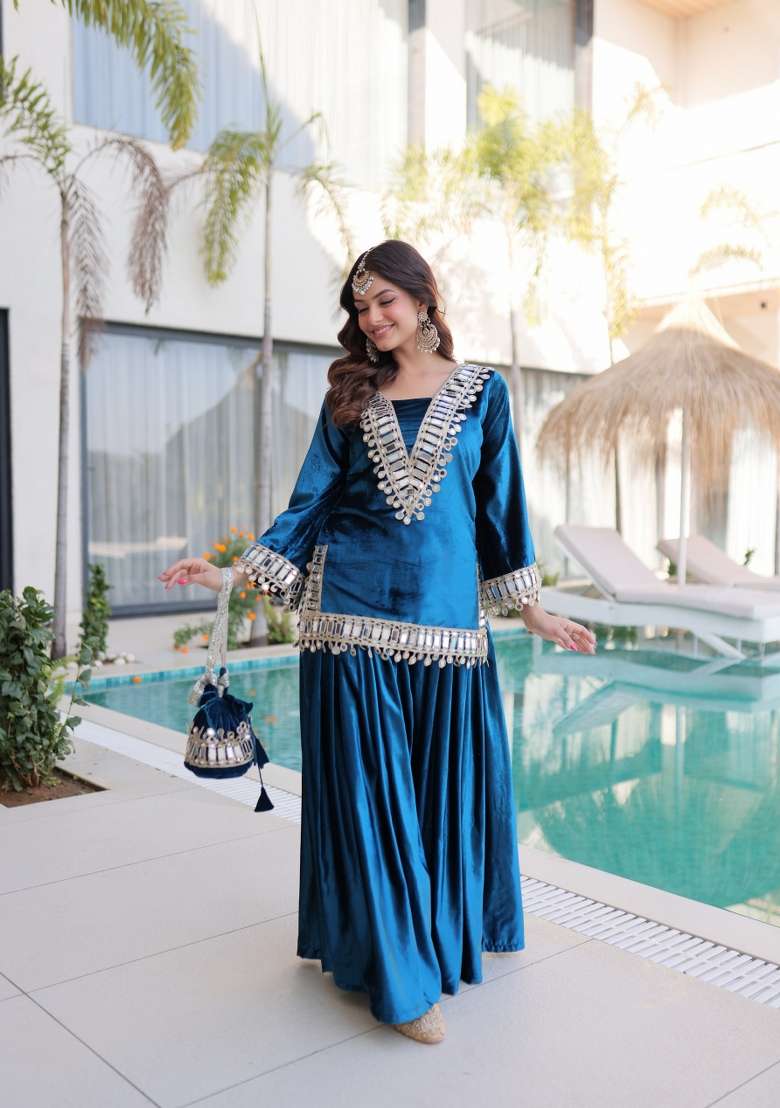 Green Embellished Velvet Sharara Set - Indya