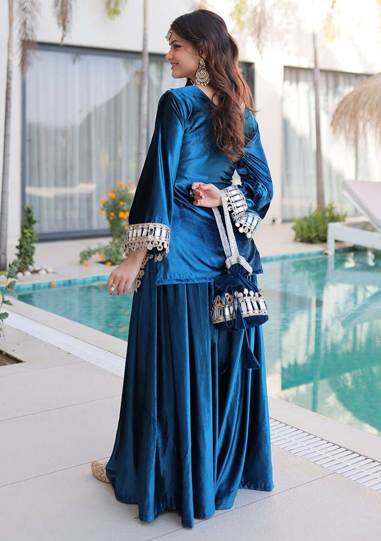 Green Embellished Velvet Sharara Set - Indya