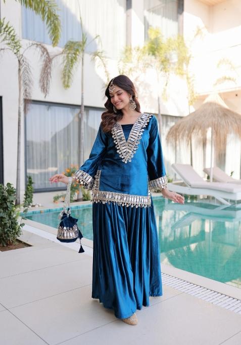 Green Embroidery Velvet Kurta Set