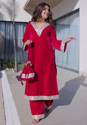Pink Embroidery Velvet Kurta Set