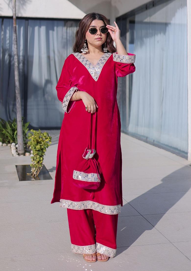 Pink Embroidery Velvet Kurta Set - Indya