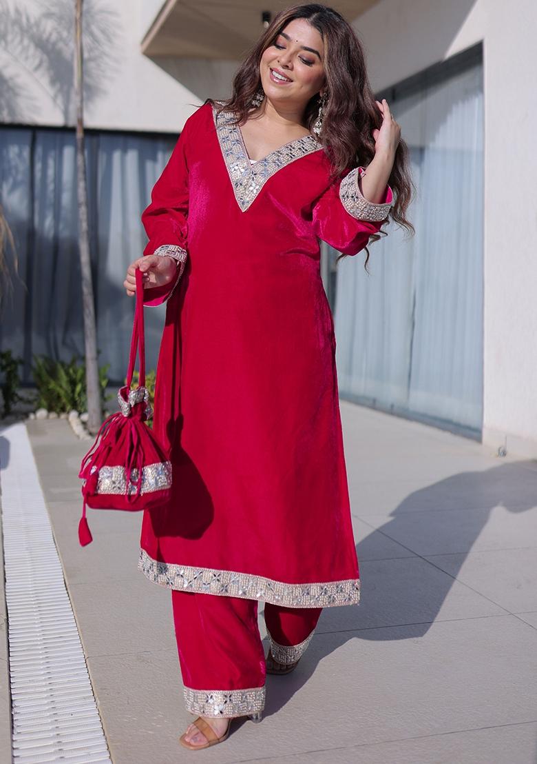 Pink Embroidery Velvet Kurta Set - Indya