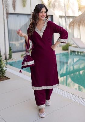 Wine Embroidery Velvet Kurta Set