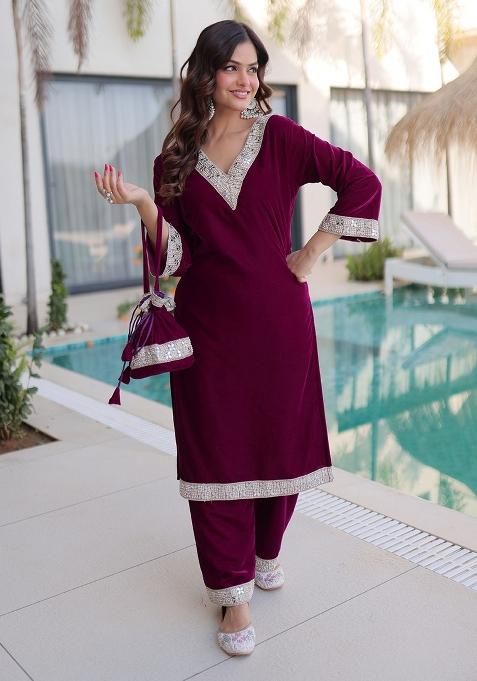 Wine Embroidery Velvet Kurta Set