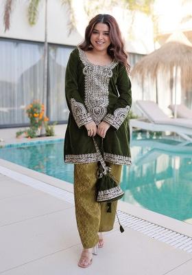 Green Embroidery Velvet Kurta Set