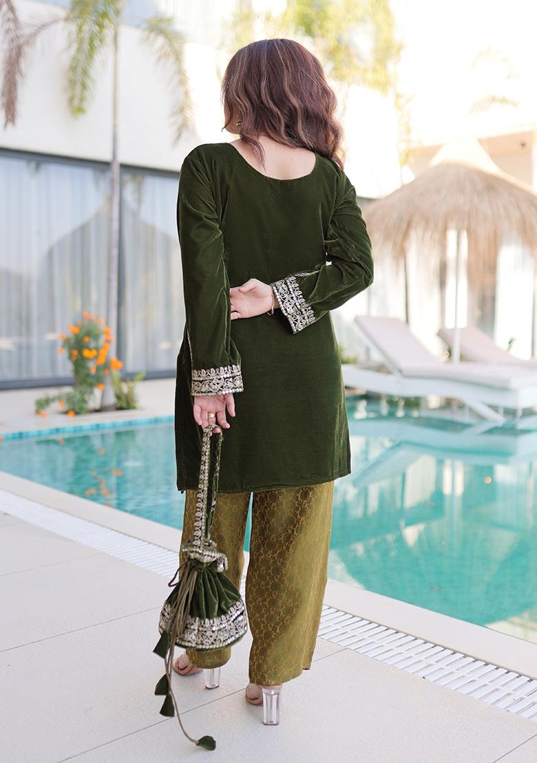 Green Embroidery Velvet Kurta Set - Indya