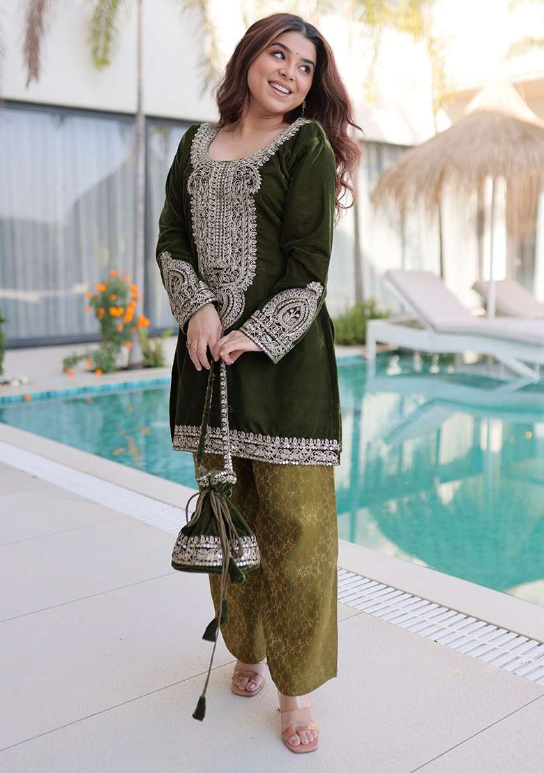 Green Embroidered Velvet Co Ord Set - Indya