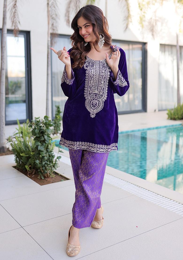 Purple Embroidery Velvet Kurta Set - Indya